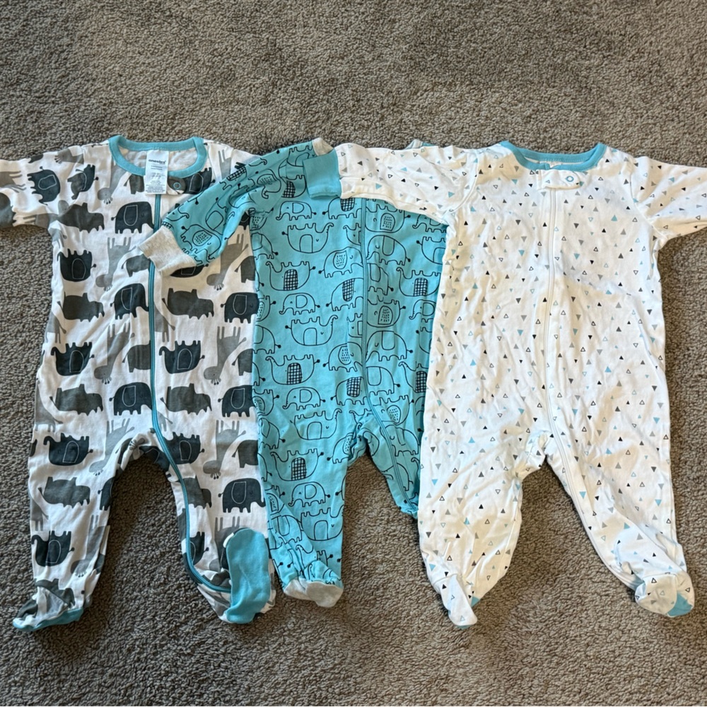 Elephant Print Kids Footies Set - Blue, Gray, White